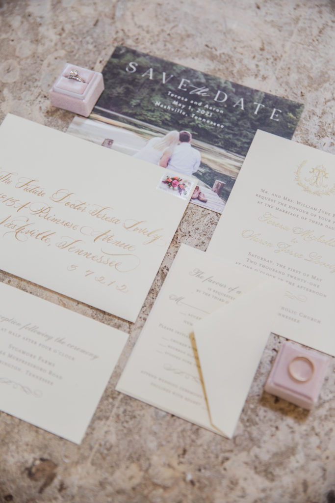 blush and navy wedding details with invites and calligraphy stationary