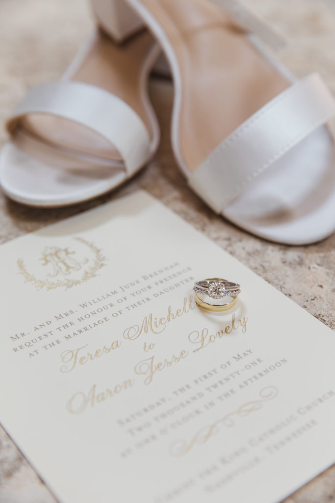 bridal wedding shoes with wedding ring detail shots