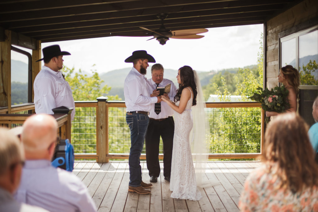 bride and groom during outdoor, intimate wedding ceremony in Smoky Mountains
