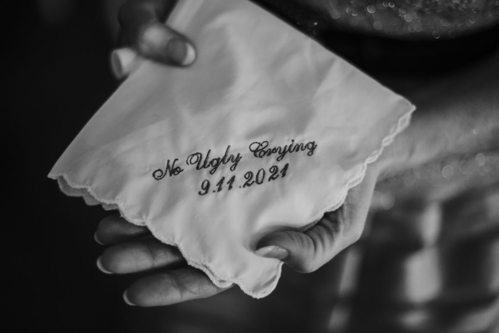 embroidered bridal tissue 'no ugly crying' for wedding day at Legacy Farms