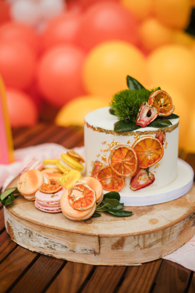 Bachelorette pool party, lemon cake with macaroons