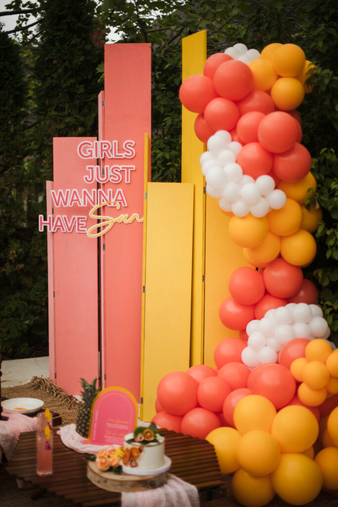 Bachelorette pool party, backdrop, balloons, girls just wanna have sun