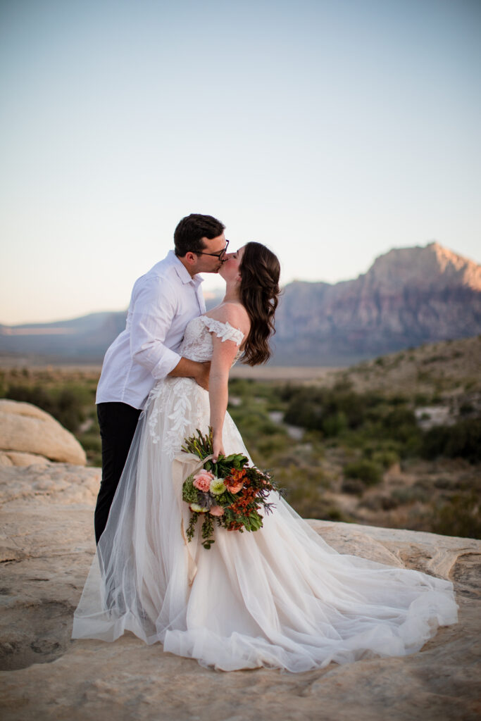 Bride and groom kissing at overlook